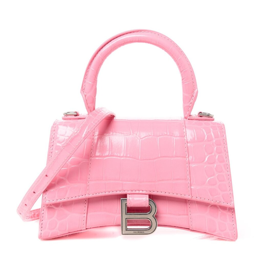 BALENCIAGA Hourglass Top Handle Mini Bag Crocodile Embossed Leather XS Pink Tote - Picture 1 of 12